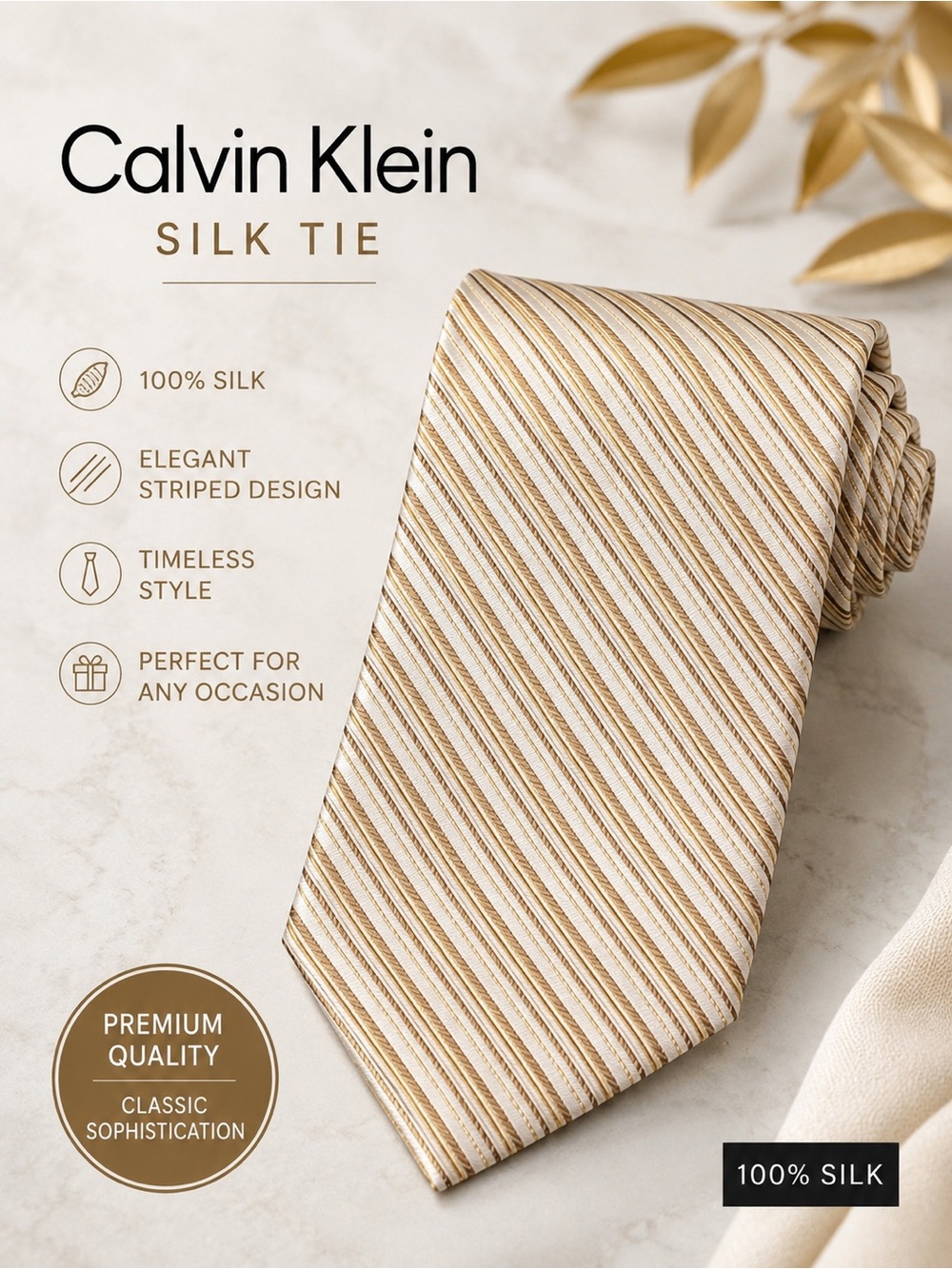 Calvin Klein Silk Necktie | Gold & Cream Stripe